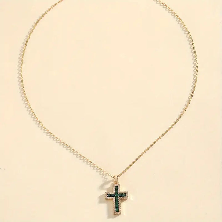 Solene Emerald Cross Pendant Gold Necklace