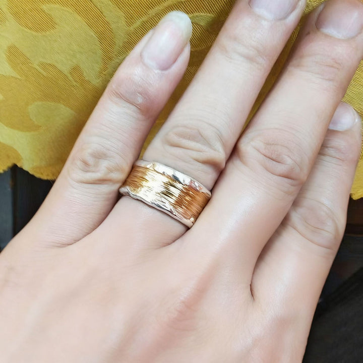 Hammered Two-Tone Band Ring - Silver-Tone and Gold-Tone Textured Design