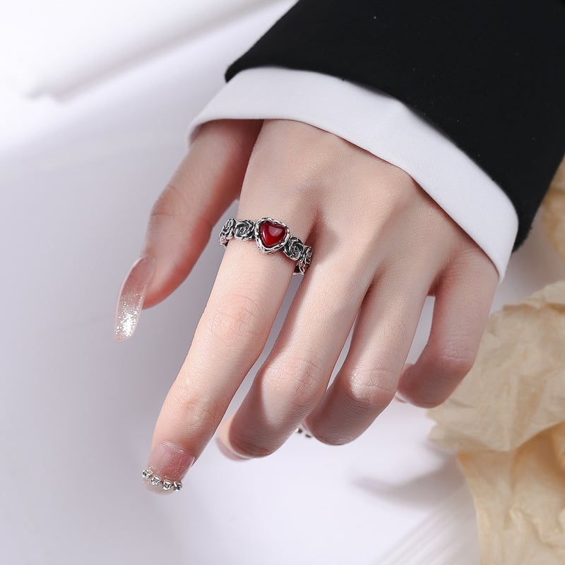 Heart-Shaped Red Stone Ring with Rose Vine Band in Silver-Tone