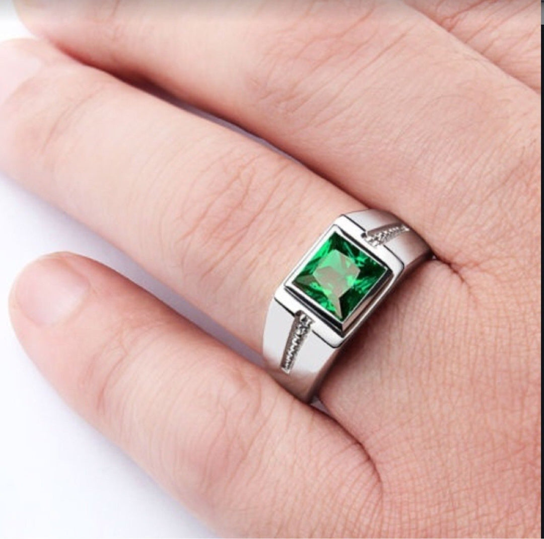 Square Crystal Signet Ring with Textured Band, Bezel-Set Stone
