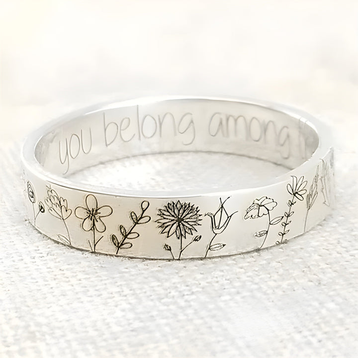Wildflower Engraved Open Bangle Bracelet with Inner Quote, Silver-Tone