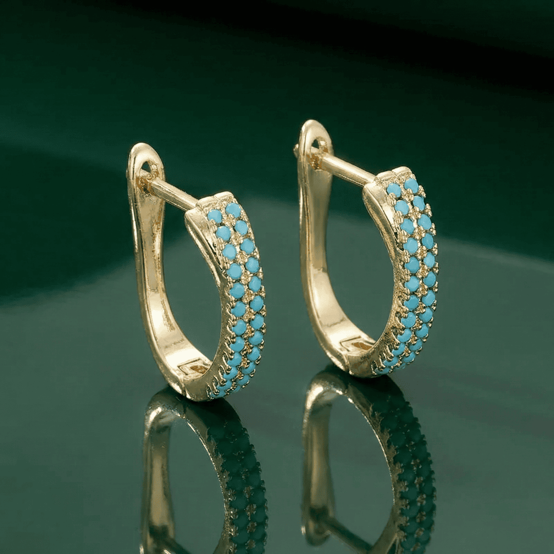 Classic Gold Huggie Hoops with Turquoise Pavé
