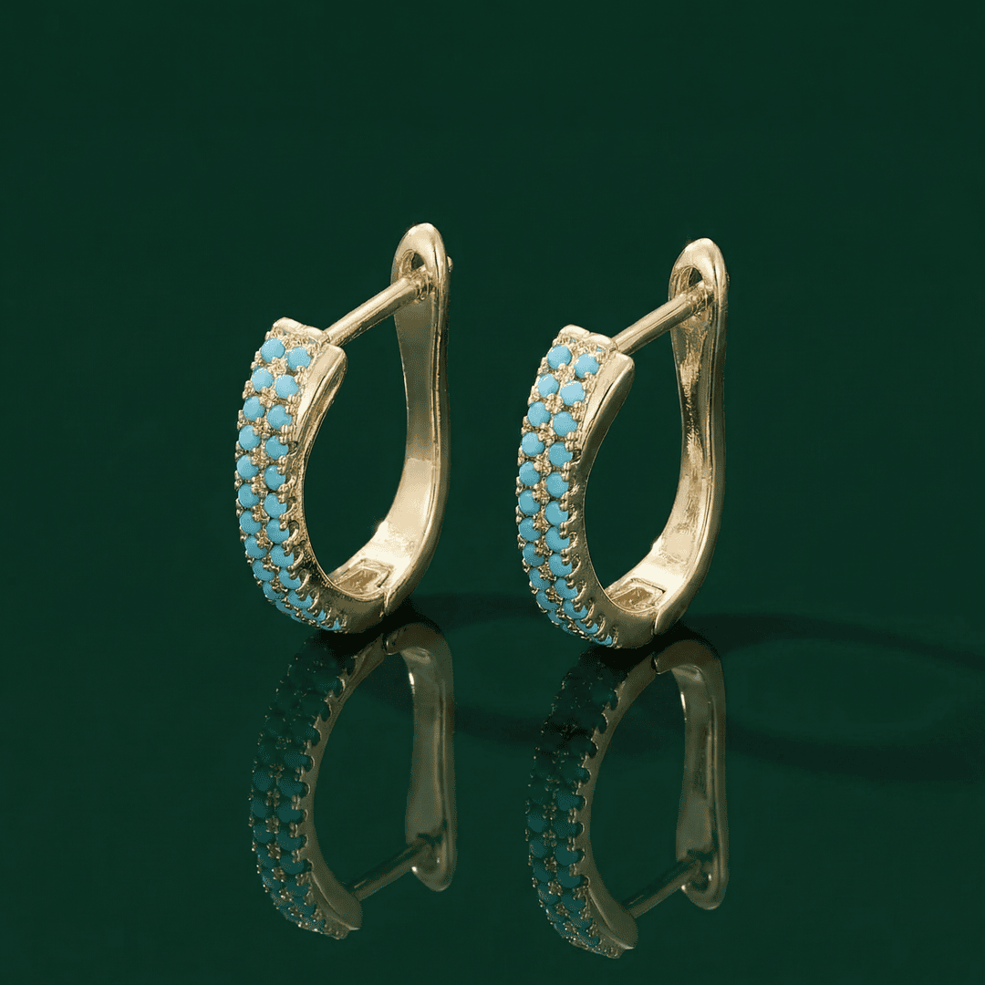 Classic Gold Huggie Hoops with Turquoise Pavé