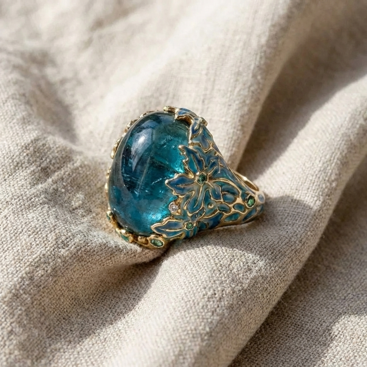 Elegant gold floral ring with a blue stone