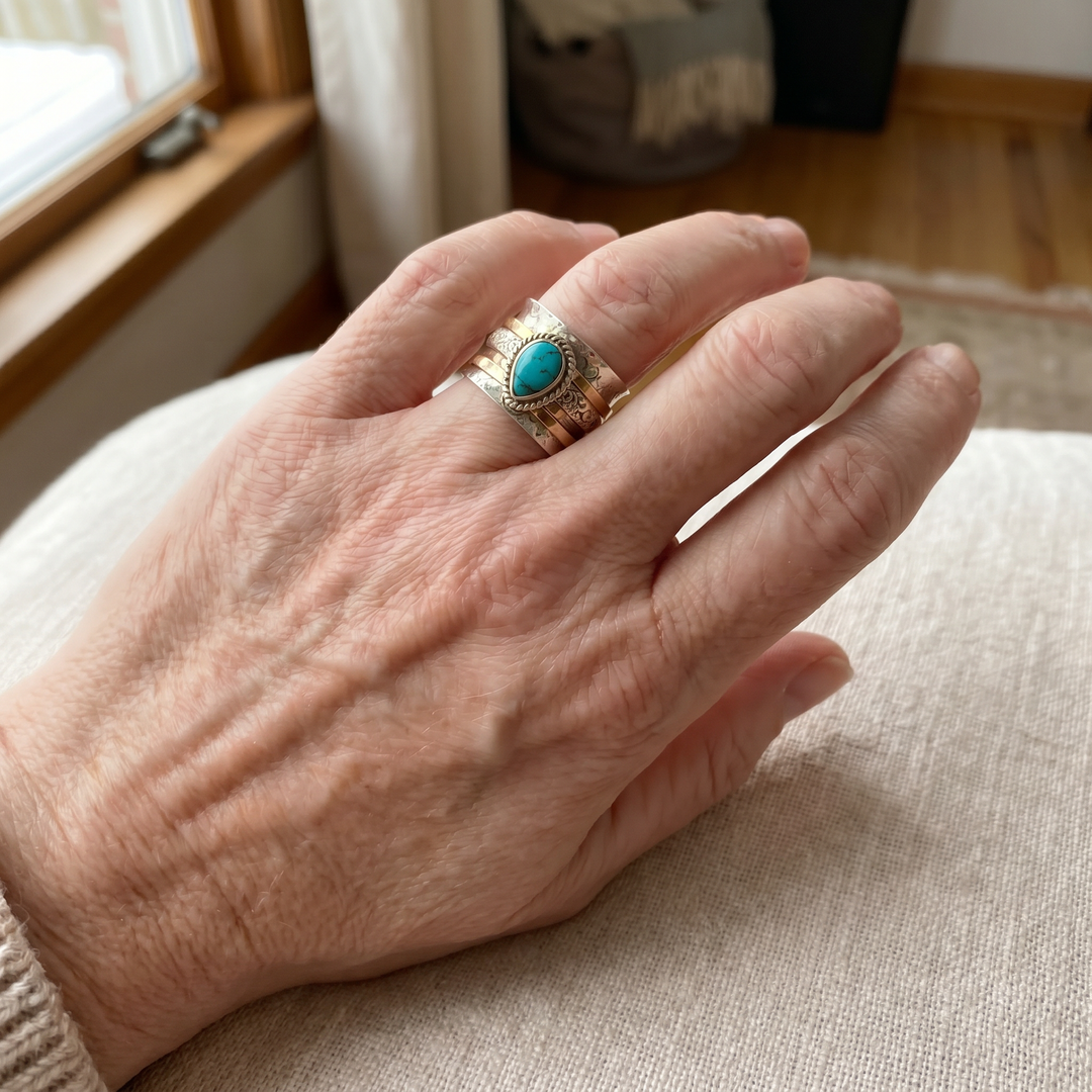 Antique gold and silver ring with inset turquoise