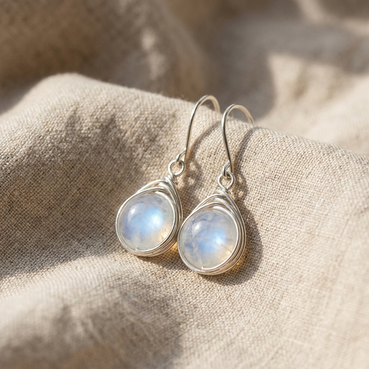 Round Moonstone Drop Earrings