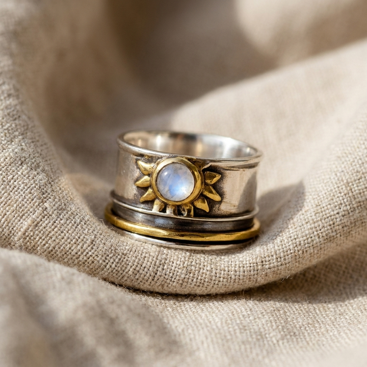 Two-Tone Moonstone Ring with Wide Band in Silver and Gold