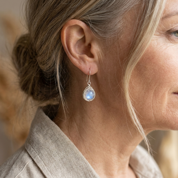 Round Moonstone Drop Earrings