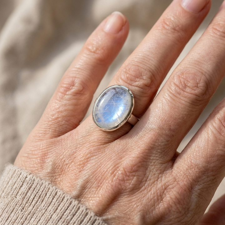 Vintage ring with oval moonstone in silver tone