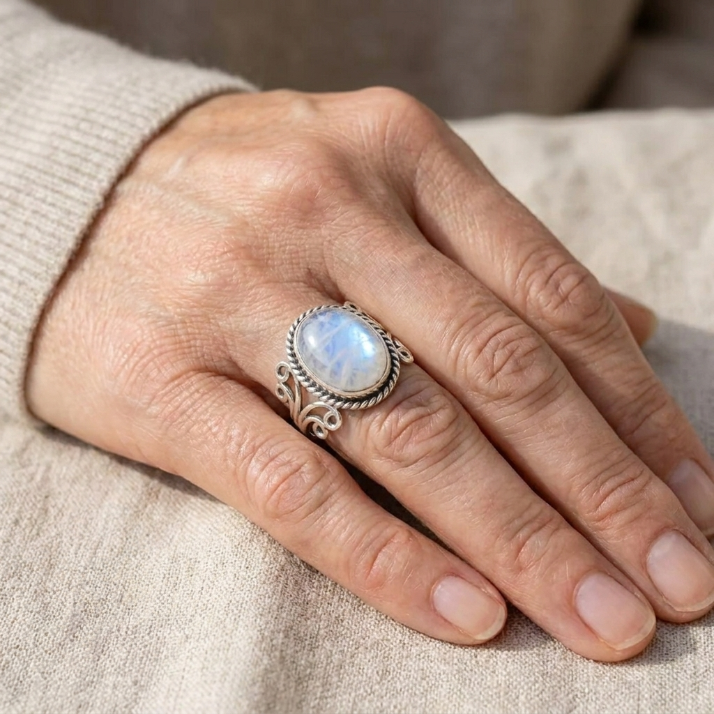 Oval moonstone ring with decorative band