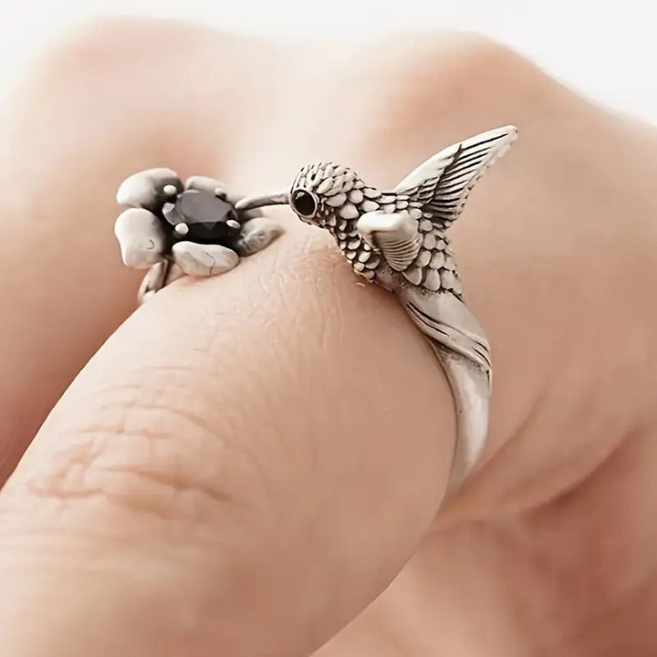 Hummingbird & Blossom Ring - Adjustable Open Bird Ring for Women