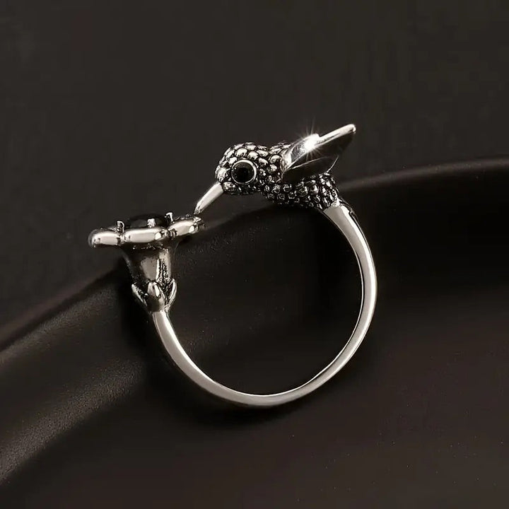 Hummingbird & Blossom Ring - Adjustable Open Bird Ring for Women