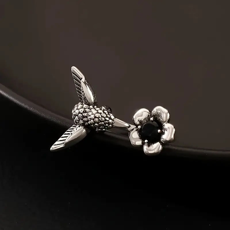 Hummingbird & Blossom Ring - Adjustable Open Bird Ring for Women