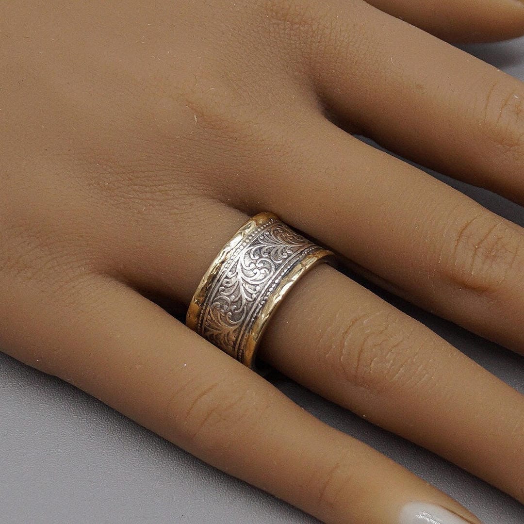 Scrollwork Filigree Ring with Beaded Border, Two-Tone Finish