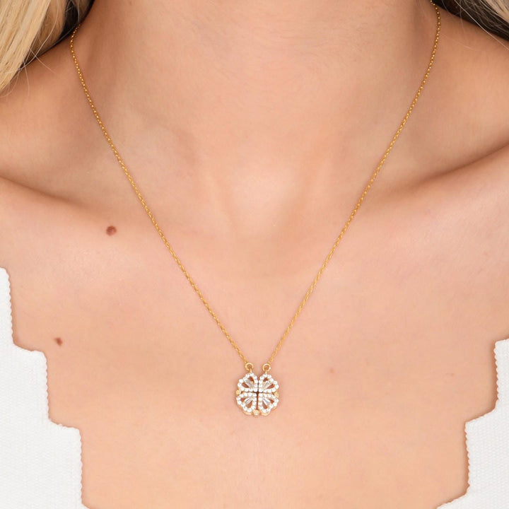 Gold-Tone Clover Necklace with Zircon Heart Pendant