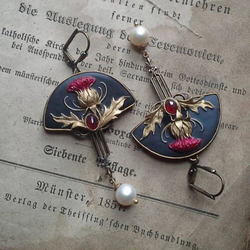 Boho earrings with pearls and red crystal