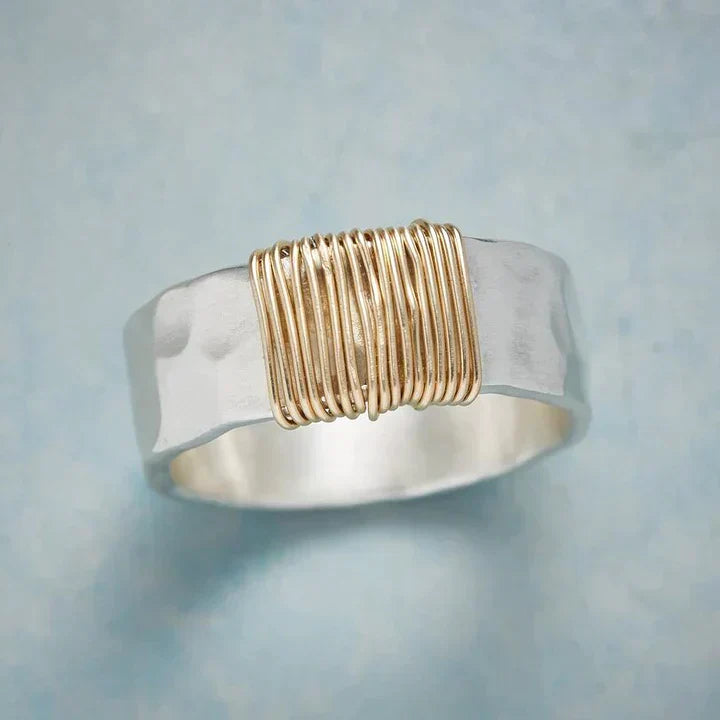 Gold-Tone Wire-Wrap Ring on Wide Silver-Tone Band