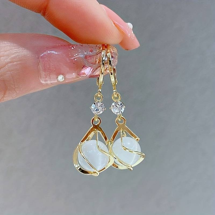 Gold Drop Earrings with White Opal and Wire Wrapping - Haller