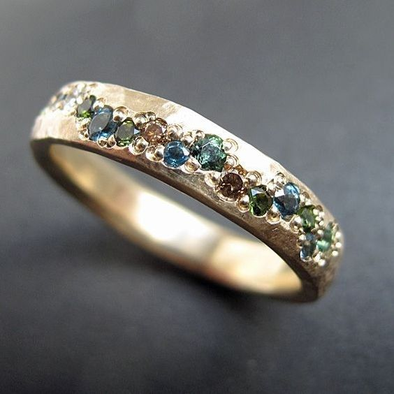Multi-Gemstone Bezel Ring with Textured Gold-Tone Band