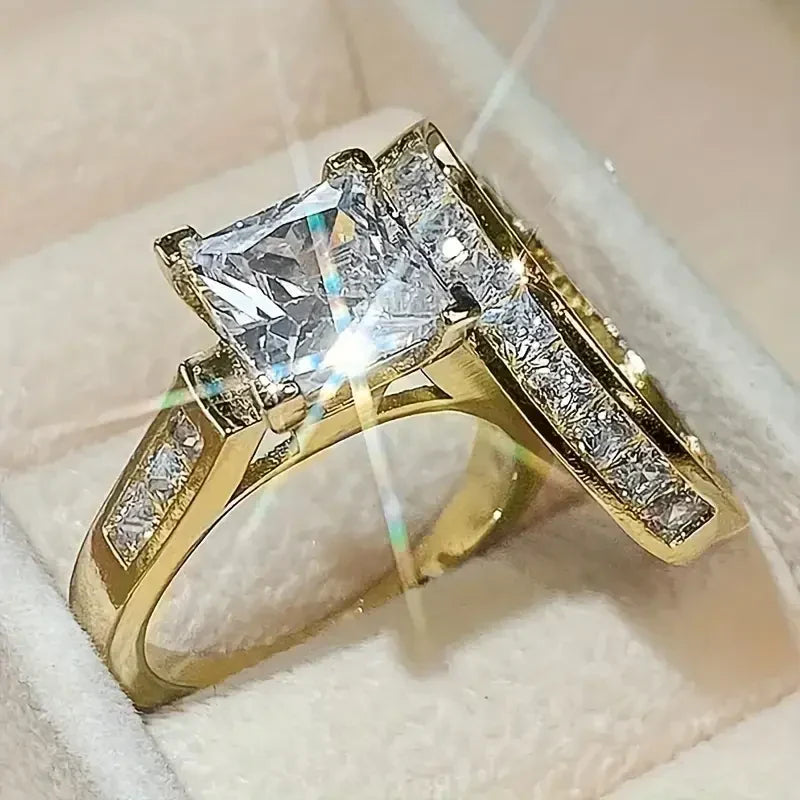 Square Radiant-Cut Clear Stone Ring Set with Pavé Band, Gold-Tone