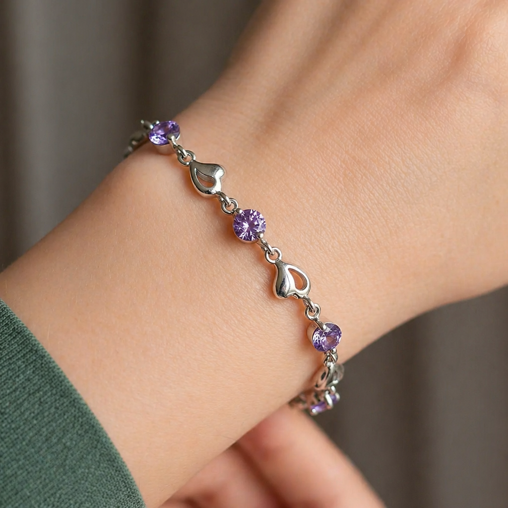 Refined Amethyst Heart Charm Bracelet