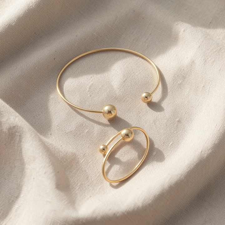 Minimalist Glossy Necklace & Bangle Set | Gold
