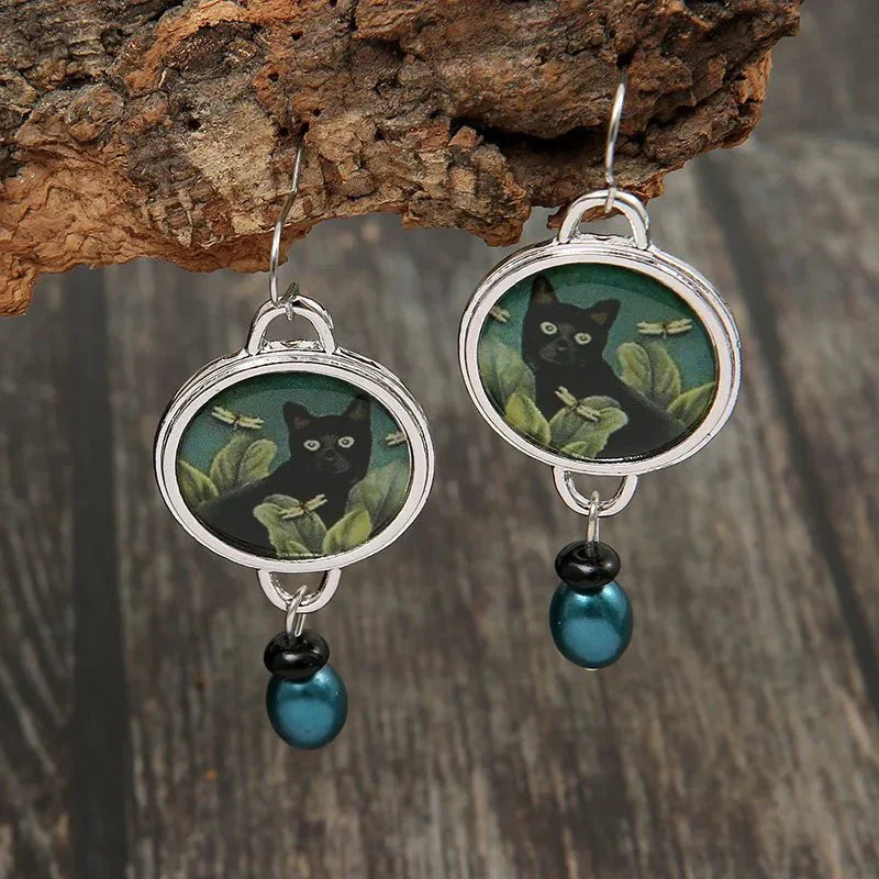 Vintage tropical black cat drop earrings