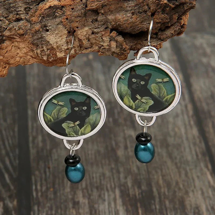 Vintage tropical black cat drop earrings