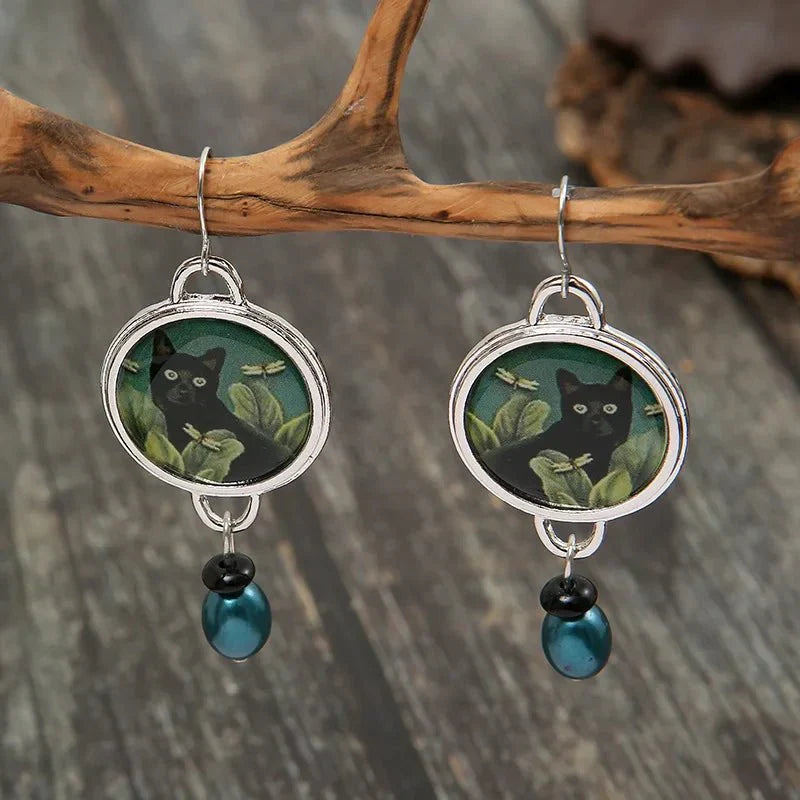 Vintage tropical black cat drop earrings