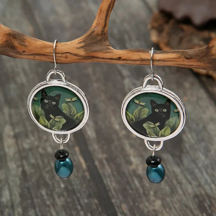 Vintage tropical black cat drop earrings