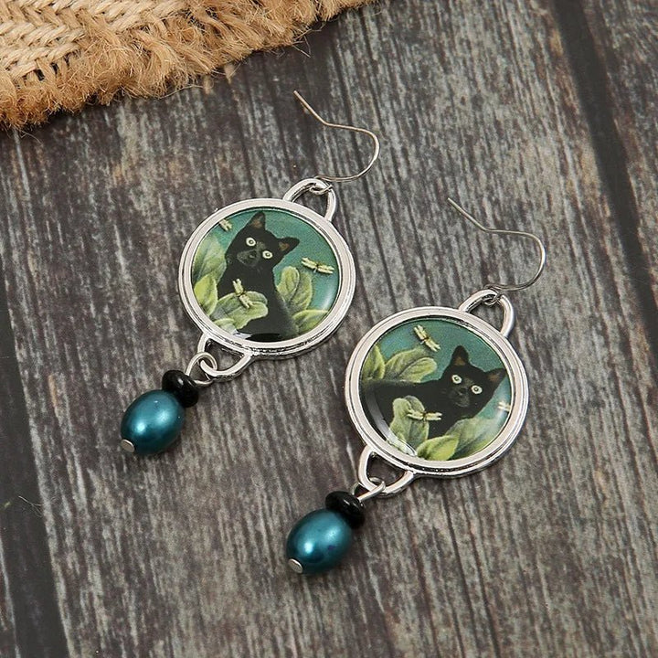 Vintage tropical black cat drop earrings