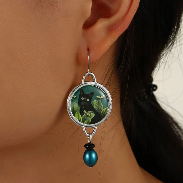 Vintage tropical black cat drop earrings