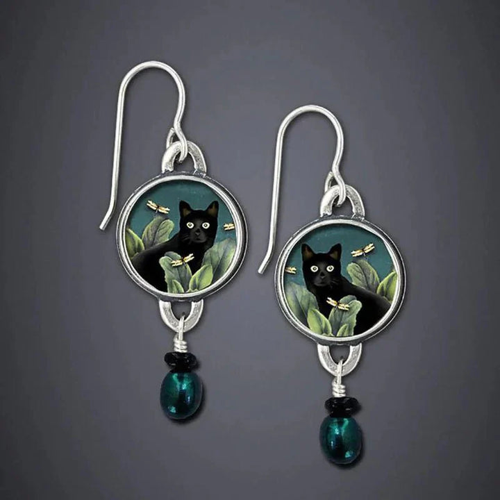Vintage tropical black cat drop earrings