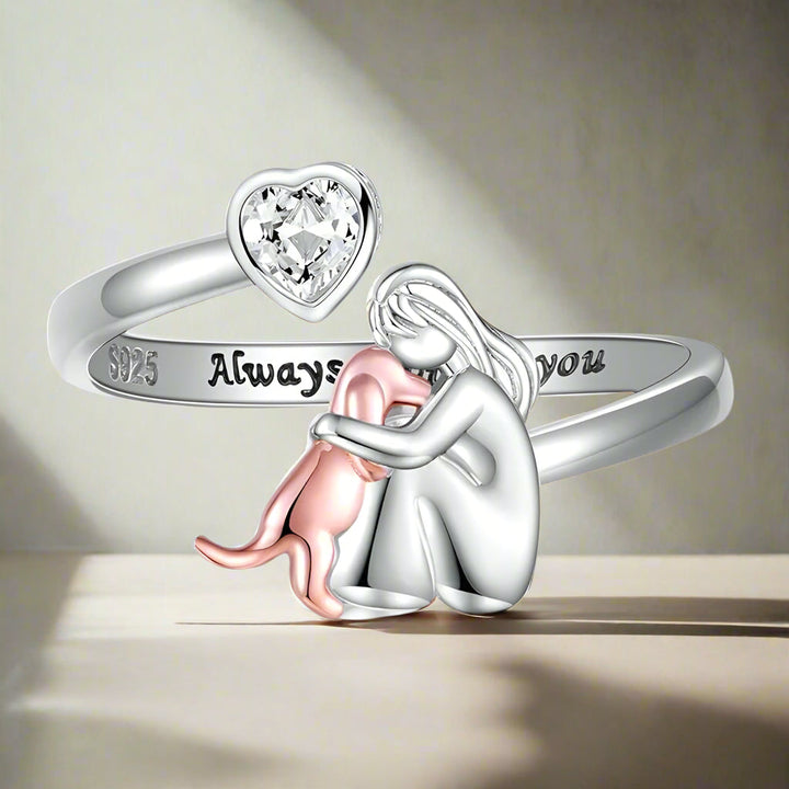 Adjustable Dog Ring in 925 Sterling Silver - “Forever in My Heart” with Cubic Zirconia
